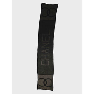 CHANEL Black & Charcoal Gray 100% Wool Reversible Long Scarf